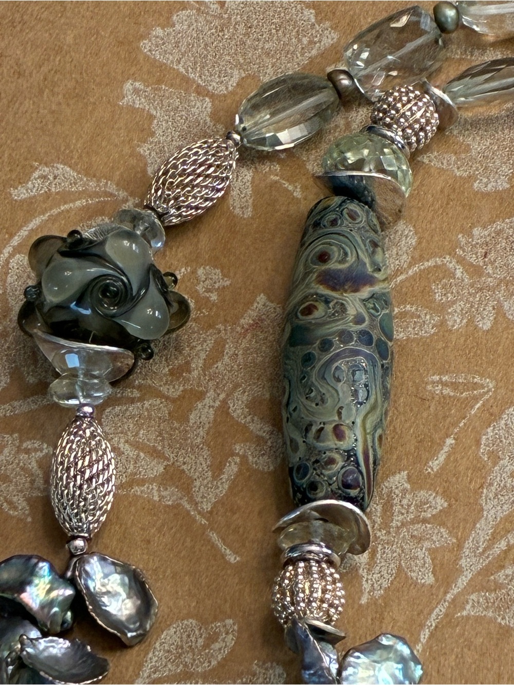 SALE. Iridescent Gray Green Freshwater Pearl, Sterling Silver & Bead Necklace